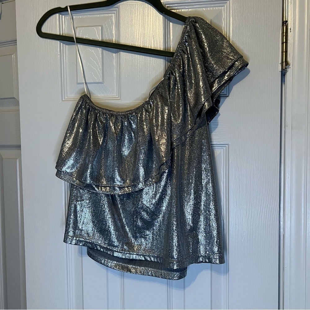 Silver Metallic One Shoulder Ruffle Top Party Night Out L NWT - Picture 4 of 5